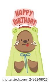 cute smiley teddy bear with green cloth and red happy birthday letter hand band on white card. illustration card decoration.	