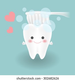 cute smiley white tooth feels confident while being brushed by tooth brush