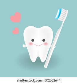 cute smiley white tooth feels confident while holding tooth brushes with toothpaste