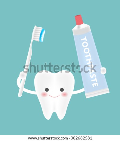 cute smiley white tooth feels confident while holding tooth brushes with toothpaste