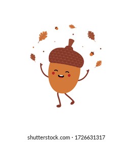 Cute smiling acorn cartoon character enjoying autumn season, throwing up leaves in the air.