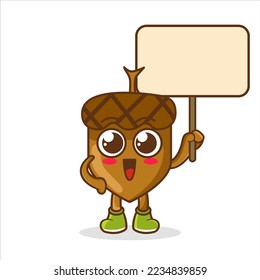Cute smiling acorn cartoon character holding blank sign