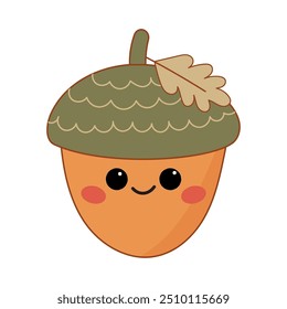 Cute Smiling Acorn with Leaf Character for Autumn Decor, Children's Products, and Seasonal Designs.