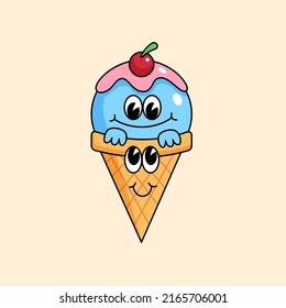 Cute smiling adorable ice cream friendship with waffle cone mascot character design. old school retro style cartoon vector illustration