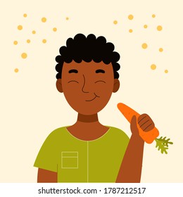 Cute smiling african boy eating carrot. School snack, healthy food, vegetable diet, vitamins for children. Flat vector cartoon stock illustration