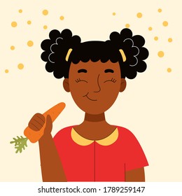 Cute smiling african girl eating carrot. School snack, healthy food, vegetable diet, vitamins for children. Flat vector cartoon stock illustration