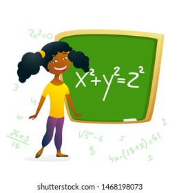 Cute smiling afro american girl at school stands in front of blackboard where she wrote math equation. Chalk drawings. Numbers, fractions and square root. Eps 10 vector flat illustration.