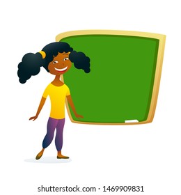 Cute smiling afro american girl at school stands in front of blackboard. Joyful pupil or student answers lesson. Eps 10 vector flat illustration.