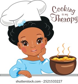 Linda sonriente sopa de cocina afro chica. Cocinar es mi terapia. Vector