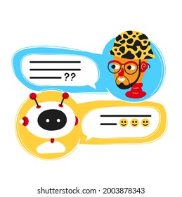 Cute smiling ai chat bot written with person man,messenger app screen.Vector flat cartoon character illustration icon design.Isolated on white background.Chatbot, robot concept,dialog help service