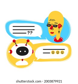 Cute smiling ai chat bot written with person woman,messenger app screen.Vector flat cartoon character illustration icon design.Isolated on white background.Chatbot, robot concept,dialog help service