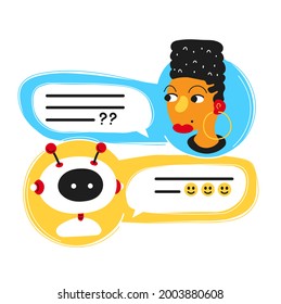 Cute smiling ai chat bot written with person woman,messenger app screen.Vector flat cartoon character illustration icon design.Isolated on white background.Chatbot, robot concept,dialog help service