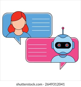 Cute smiling AI chatbot communicating with woman on messenger app screen. Vector flat cartoon character illustration isolated on white, perfect for chat service and robot concept designs.