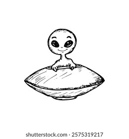 Cute smiling alien riding UFO cartoon vector doodle illustration.