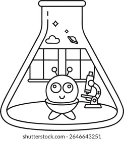A cute, smiling alien sits inside a laboratory flask with a microscope and a window showing clouds, stars, and a UFO, symbolizing science and discovery.