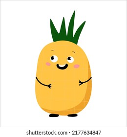 Cute smiling ananas. Vector flat cartoon character illustration on white background. Cute vegetable character concept