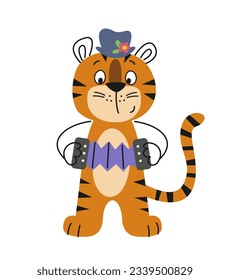 Cute smiling animal. Linear striped tiger in cap plays accordion. Print with funny doodle character for kids party or wallpaper design. Cartoon flat vector illustration isolated on white background