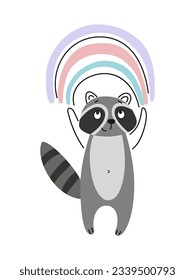 Cute smiling animal. Raccoon with rainbow in hand drawn style. Doodle outline print with character for kids party or package design. Cartoon flat vector illustration isolated on white background