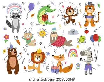 Cute smiling animal set. Doodle rocodile and monkey, tiger and bear, raccoon and fox. Outline print with characters for kids party or package design. Cartoon flat vector isolated on white background