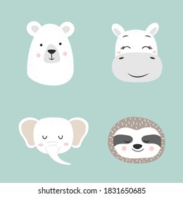 Cute smiling animals isolated on blue background. Cartoon zoo. Vector illustration. Posters for the design of children products in scandinavian style.