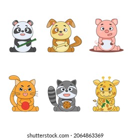 Cute smiling animals isolated on the white background vector set. Vector collection of wild and domestic animals in cartoon style.
