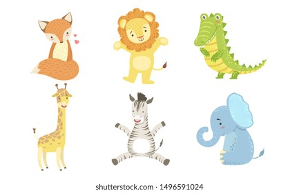 Cute Smiling Animals Set, Happy Fox, Lion, Crocodile, Giraffe, Zebra, Elephant Vector Illustration