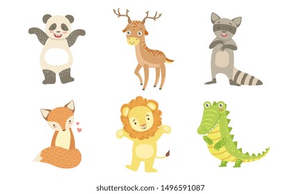 Cute Smiling Animals Set, Happy Panda, Deer, Raccoon, Fox, Lion, Crocodile Vector Illustration