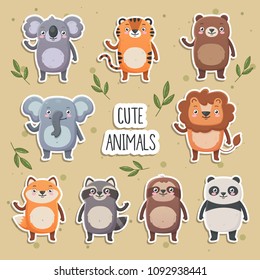 Cute smiling animals set. Lion, panda, koala, tiger, bear, fox, sloth, raccoon. Simple flat style, vector  illustrations on yellow background