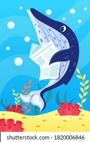 Cute smiling animals and underwater world. Cute blue whale reads newspaper. Undersea world animals, algae and water bubble cartoon vector illustration.