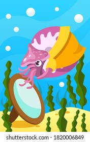 Cute smiling animals and underwater world. Cute clam trying on shirt in front of mirror. Undersea world animals, algae and water bubble cartoon vector illustration.