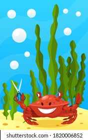 Animales sonrientes y el mundo submarino. La morsa dulce sopla velas en el pastel. Animales del mundo submarino, dibujos animados de algas y burbujas de agua ilustran vectores.