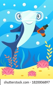 Cute smiling animals and underwater world. Cute hammerhead shark with glasses and with drill in fins. Undersea world animals, algae and water bubble cartoon vector illustration.