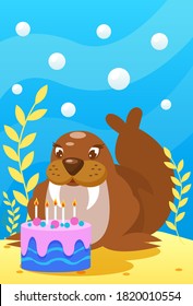 Cute smiling animals and underwater world. Cute walrus blows candles on cake. Undersea world animals, algae and water bubble cartoon vector illustration.