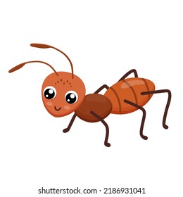 Una hormiga sonriente y agradable aislada en un fondo blanco. Un insecto divertido para los niños. Ilustración vectorial de dibujos animados planos