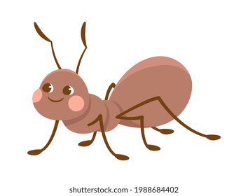 Cute smiling ant on white background. Concept of stickers of cute and funny insects and garden animals for children. Flat cartoon vector illustration