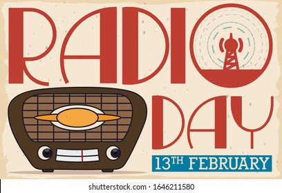 Cute, smiling antique tabletop radio and greeting sign with retro antenna in a commemorative scroll, promoting Radio Day celebration this 13th February.