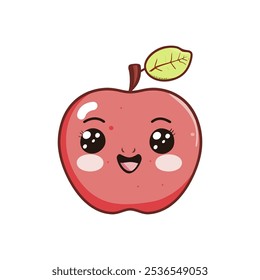 Cute smiling apple cartoon with leaf. Vector illustration design.