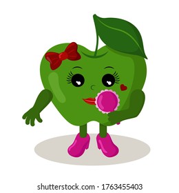 Cute smiling apple girl with high heel shoes and bow holds a pink mirror. Colorful kawaii fruit emoticon. Isolated vector illustration.