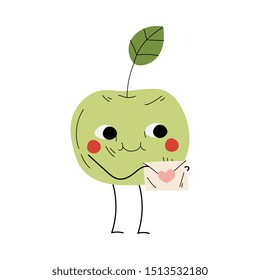 Cute Smiling Apple Holding Envelope, Cheerful Fruit Character with Funny Face Vector Illustration