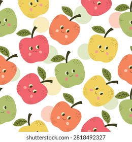 Cute smiling apples seamless pattern, hand drawn colorful red green orange and yellow apple faces vector repeat background on white backdrop. Perfect for modern children surface design and kids fabric