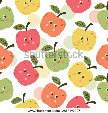 Cute smiling apples seamless pattern, hand drawn colorful red green orange and yellow apple faces vector repeat background on white backdrop. Perfect for modern children surface design and kids fabric