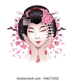 Cute smiling asian girl posing with hands near her face. Vector portrait of young woman with traditional japanese hairstyle