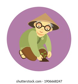Cute smiling asian old man gardener wearing traditional oriental hat and Japanese traditional footwear care for a plant. Simple flat design cartoon character vector illustration.