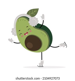 Cute smiling avocado character in fluffy winter headphones is ice skating. Printable print for clothes, posters, notebooks, postcards. Cartoon isolated illustration on white background