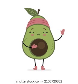 Lächelnder Avocado-Charakter in Winterkleidung, Fäustwinde. Druckdruck für Kleidung, Poster, Notizbücher, Postkarten. Cartoon einzeln auf weißem Hintergrund