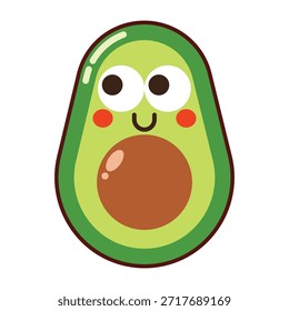 Medio carácter sonriente lindo del aguacate con la semilla y los ojos grandes, aislados en fondo transparente.
