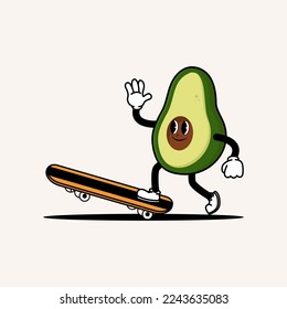 Cute smiling avocado mascot character playing skateboard. Doodle vintage style illustration concept