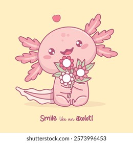 Cute smiling Axolotl with bouquet of flowers. Funny festive little cartoon kawaii animal character. Vector illustration. Holiday postcard. Kids collection