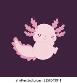 Cute smiling axolotl illustration. Vector illustration of a cute sea fish. Cute little illustration of axolotl for kids, baby book, fairy tales, baby shower invitation, textile t-shirt, sticker.