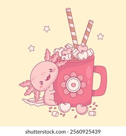 Cute smiling Axolotl with red Mug Sweet Dessert cup Hot Cocoa with Marshmallows, hearts and striped candy. Funny festive little cartoon kawaii animal character . Vector illustration